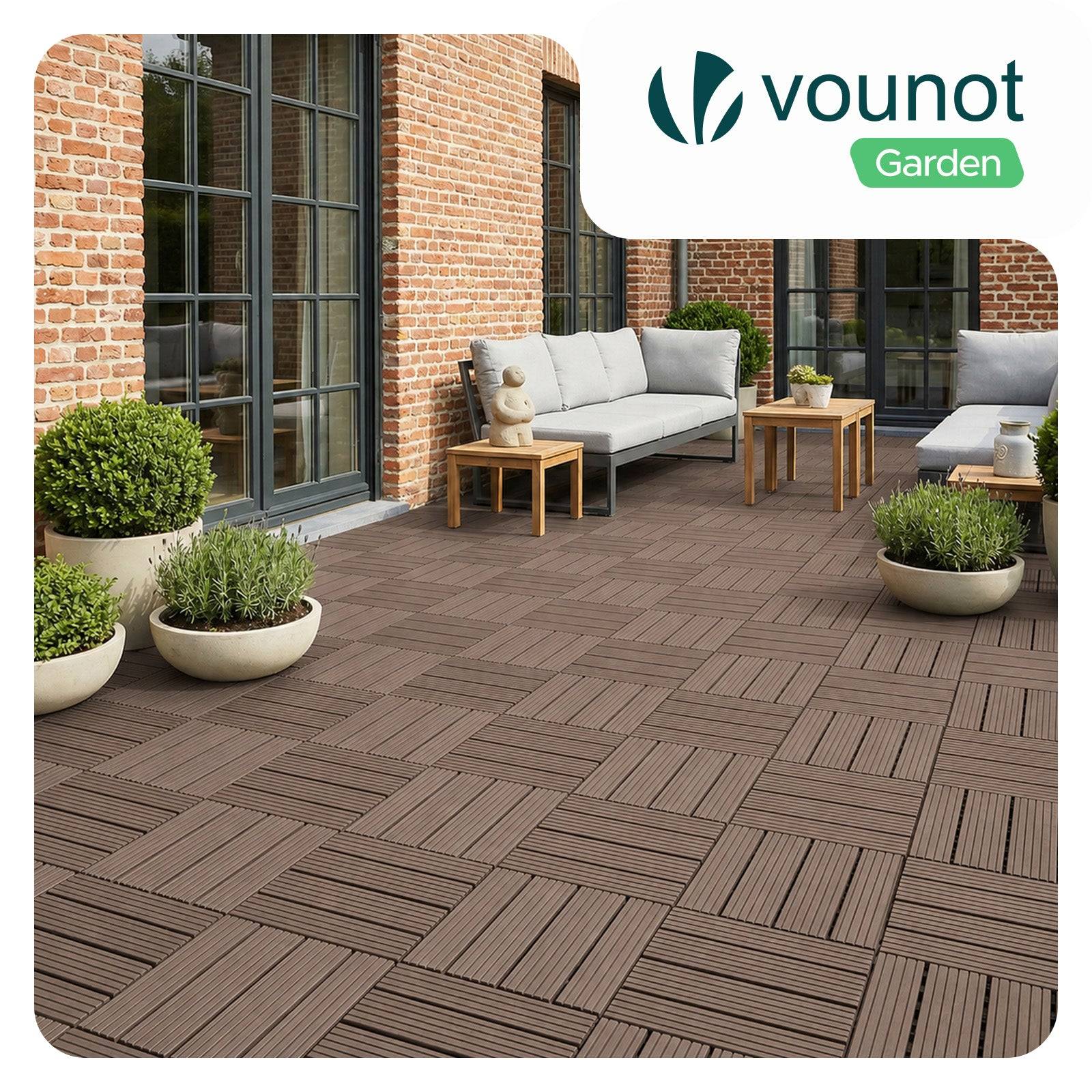 Vounot - Lot de 16 Dalles clipsables extérieur 30x30 cm - WPC - Caillebotis de terrasse antidérapant et drainant - Marron - VOUNOT® - Image 2
