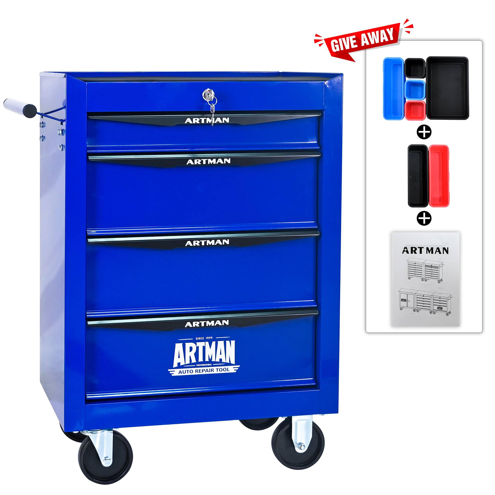 Servante Atelier Roulante Acier 4 Tiroirs Rangement Garage Verrouillable Noir/Bleu - ComfortXL Outdoor Living - Image 8