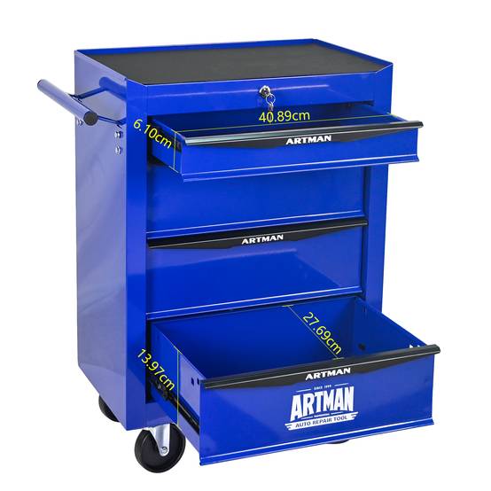 Servante Atelier Roulante Acier 4 Tiroirs Rangement Garage Verrouillable Noir/Bleu - ComfortXL Outdoor Living - Image 4