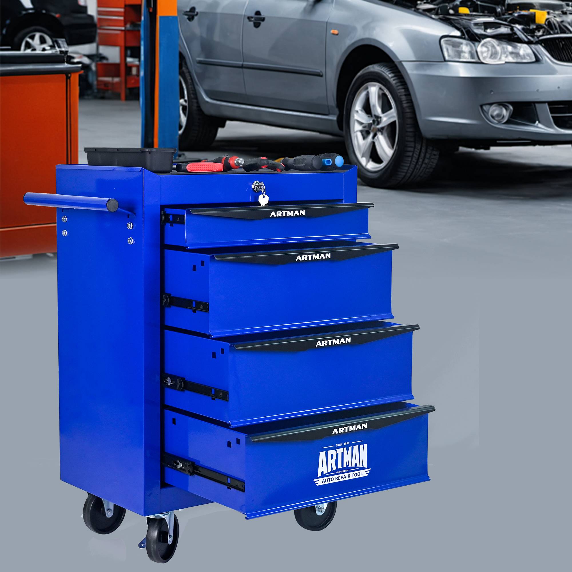 Servante Atelier Roulante Acier 4 Tiroirs Rangement Garage Verrouillable Noir/Bleu - ComfortXL Outdoor Living - Image 1