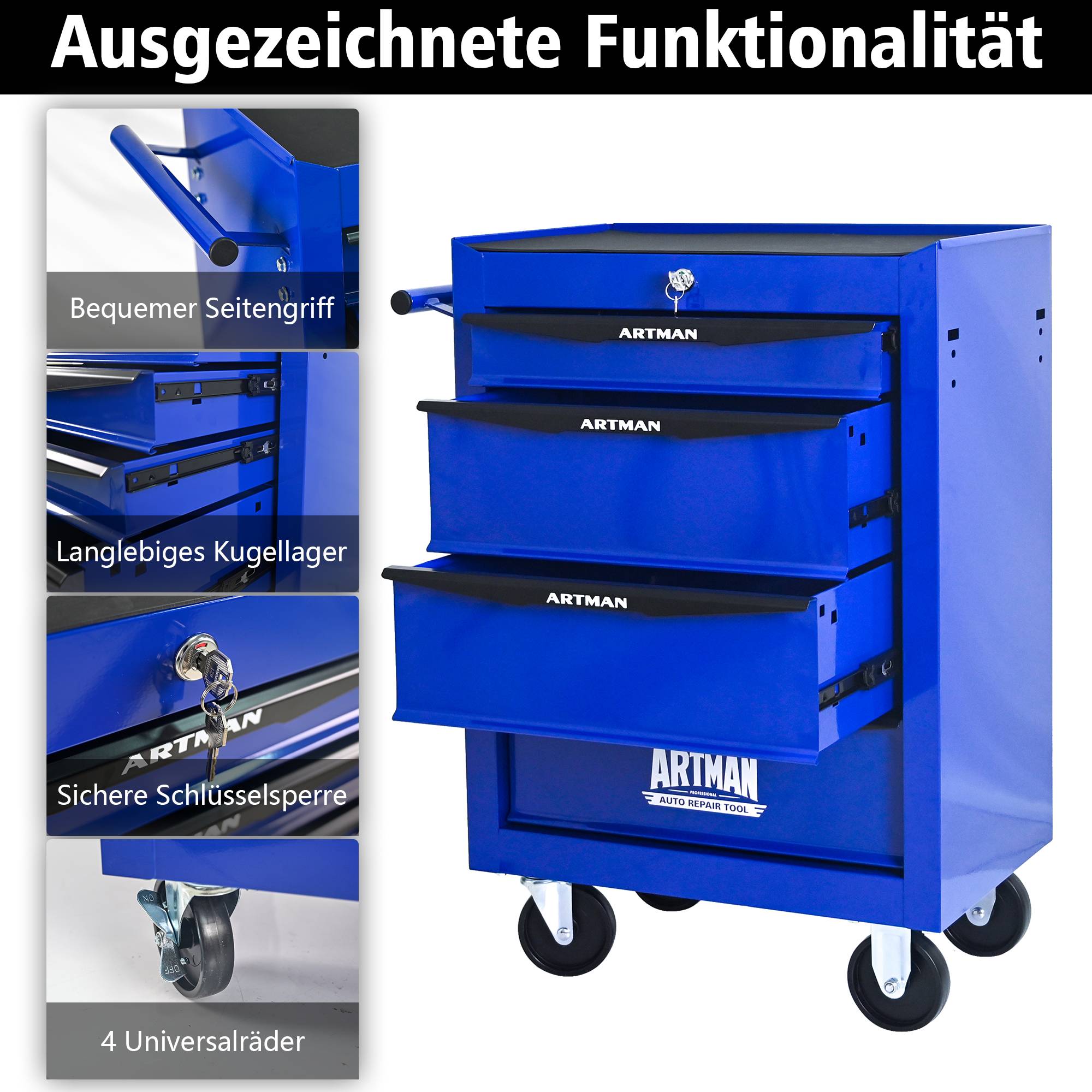 Servante Atelier Roulante Acier 4 Tiroirs Rangement Garage Verrouillable Noir/Bleu - ComfortXL Outdoor Living - Image 5