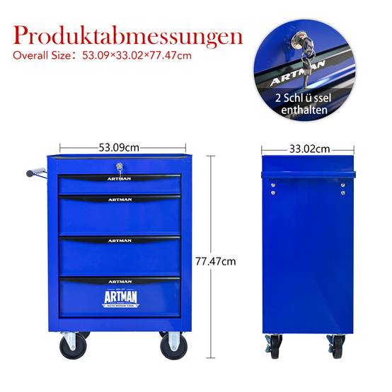 Servante Atelier Roulante Acier 4 Tiroirs Rangement Garage Verrouillable Noir/Bleu - ComfortXL Outdoor Living - Image 6