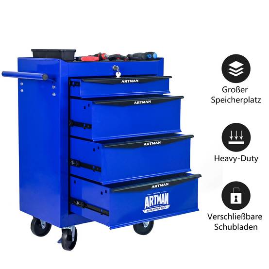 Servante Atelier Roulante Acier 4 Tiroirs Rangement Garage Verrouillable Noir/Bleu - ComfortXL Outdoor Living - Image 9