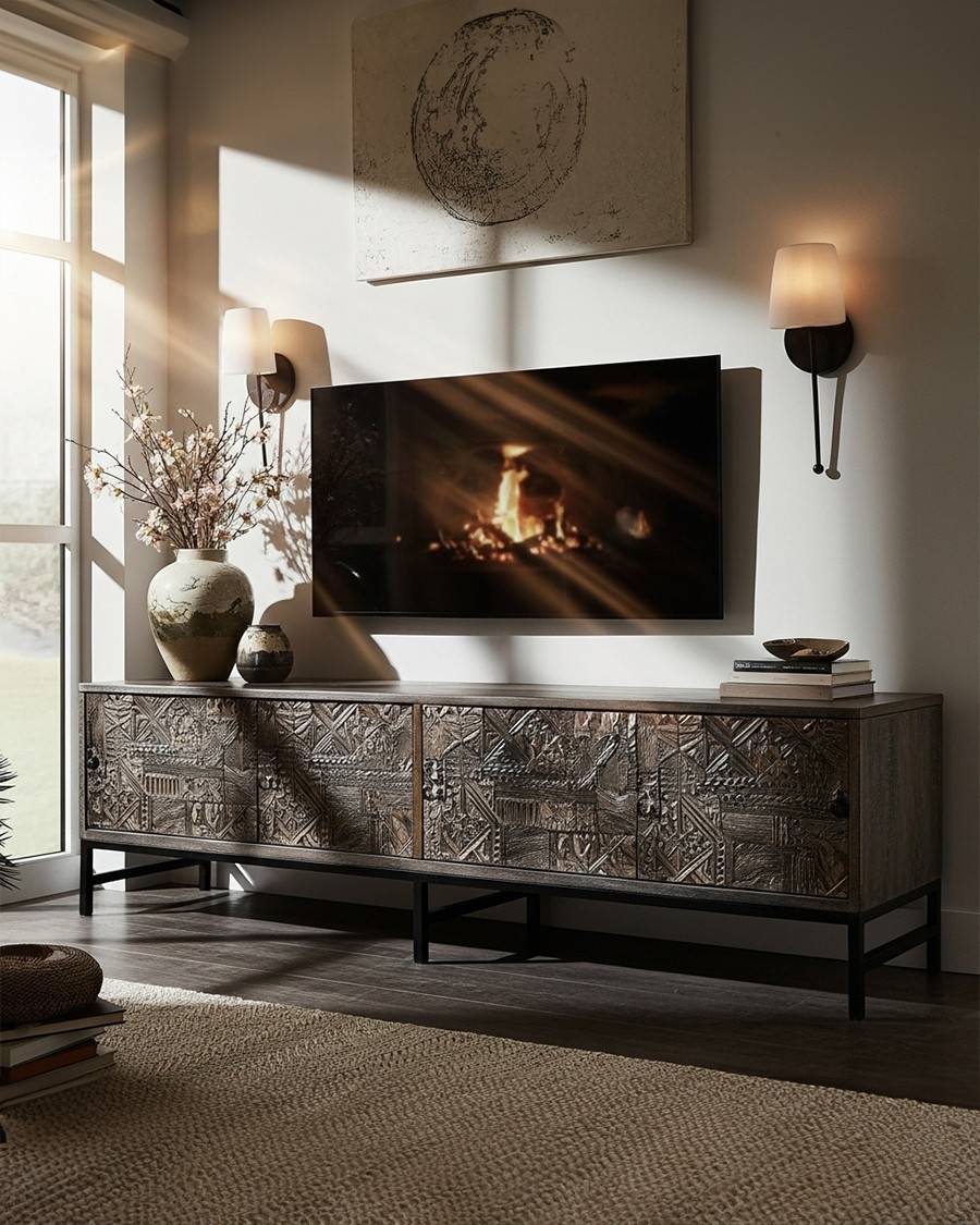 Hawaï - Meuble  noir en manguier massif sculpté 160 cm - UNIQKA - Imagen 2