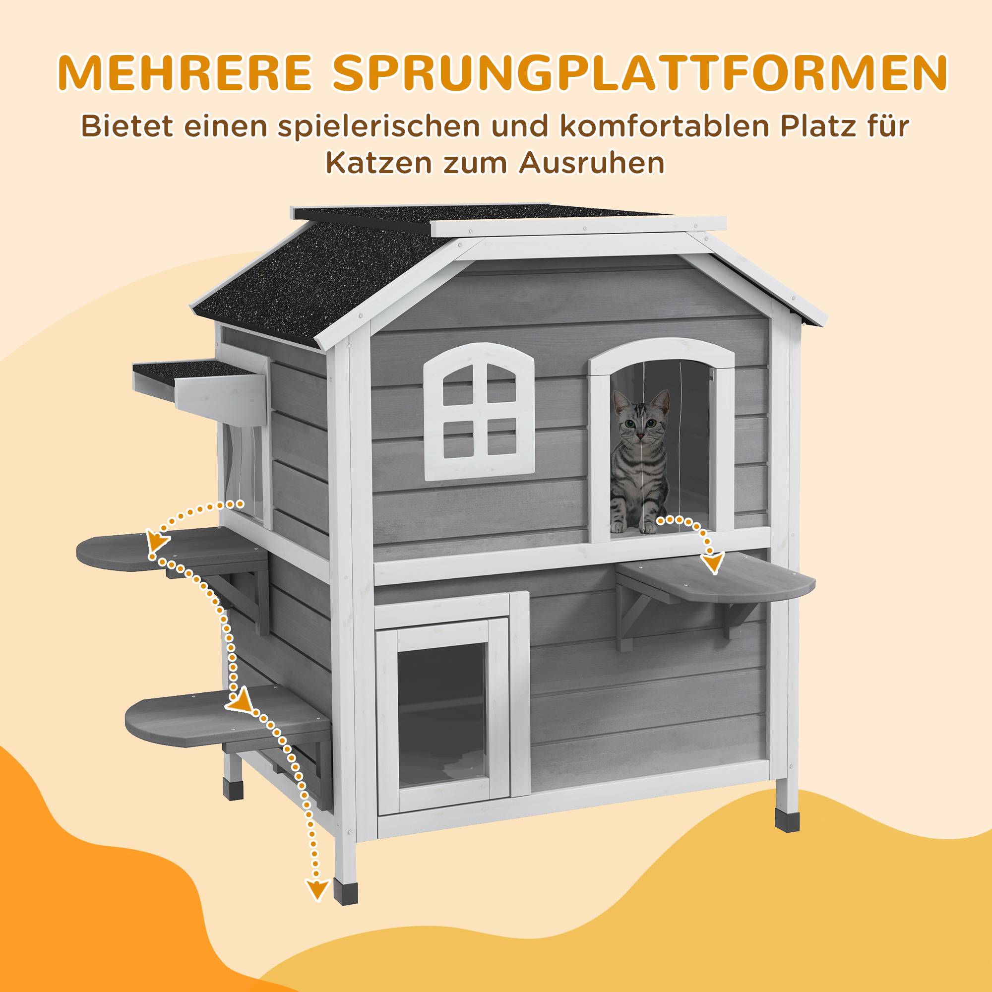 ComfortXL - Maison pour chat en sapin gris et blanc 99,5 x 76 x 91 cm à 2 étages avec toit ouvrant pour intérieur extérieur - Image 7