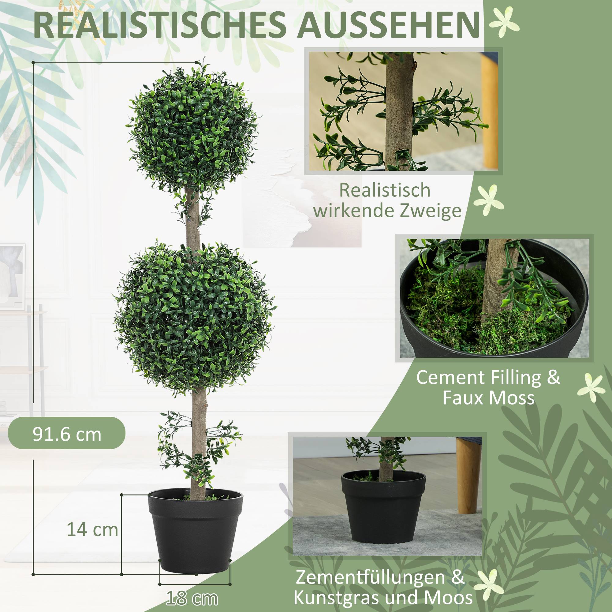 Lot de 2 plantes artificielles, buis, protégées UV, avec pot, vert - Image 6