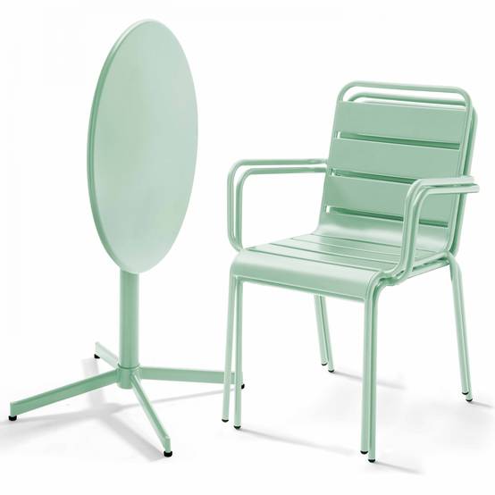 Oviala - Ensemble table de jardin et 2 fauteuils métal vert sauge Palavas - Oviala - Imagen 2