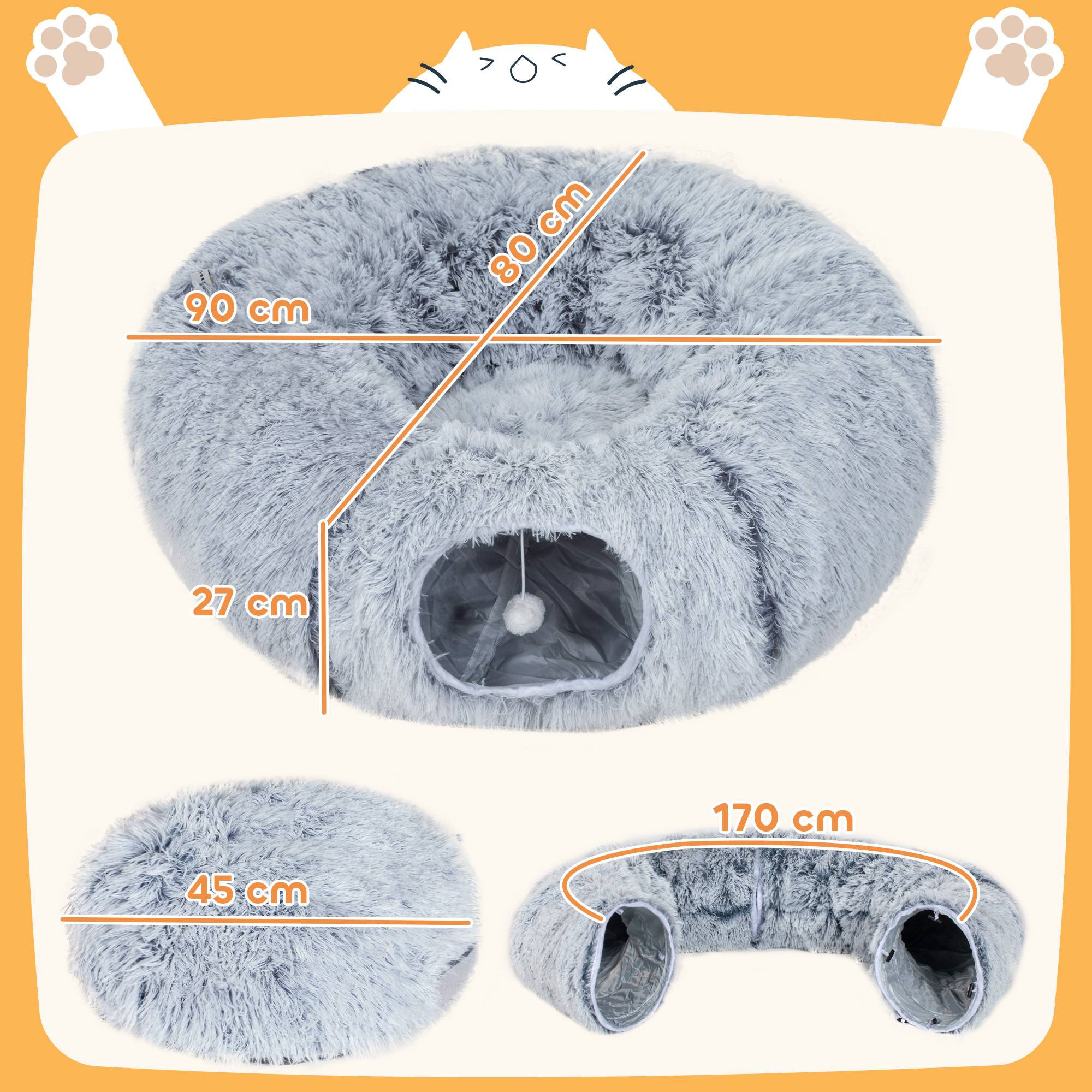 Tunnel pour Chat Intérieur avec Lit de Chat en Forme de Donut, Coussin Circulaire Lavable, 90x80x27cm, Gris Clair - Image 5