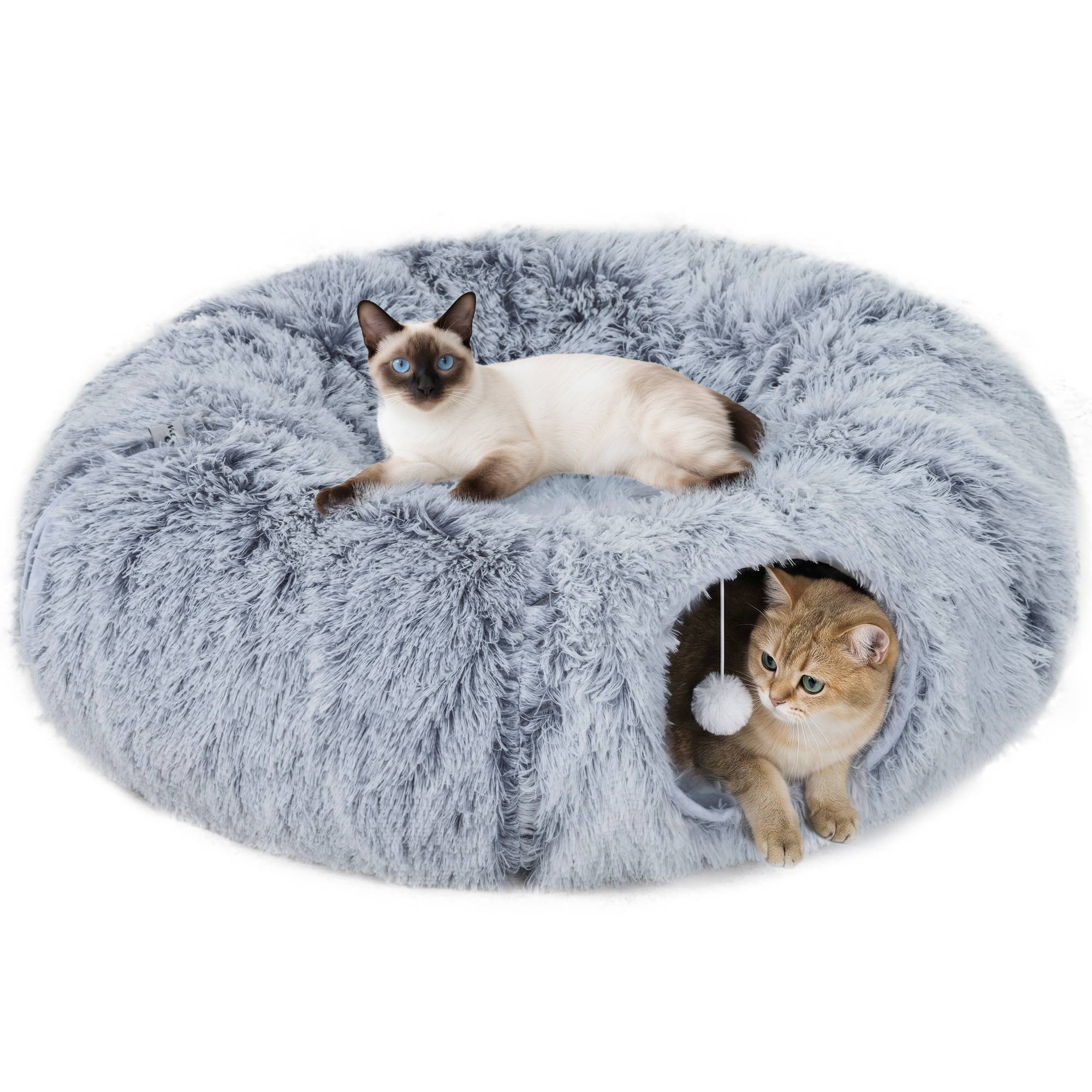 Tunnel pour Chat Intérieur avec Lit de Chat en Forme de Donut, Coussin Circulaire Lavable, 90x80x27cm, Gris Clair - Image 1