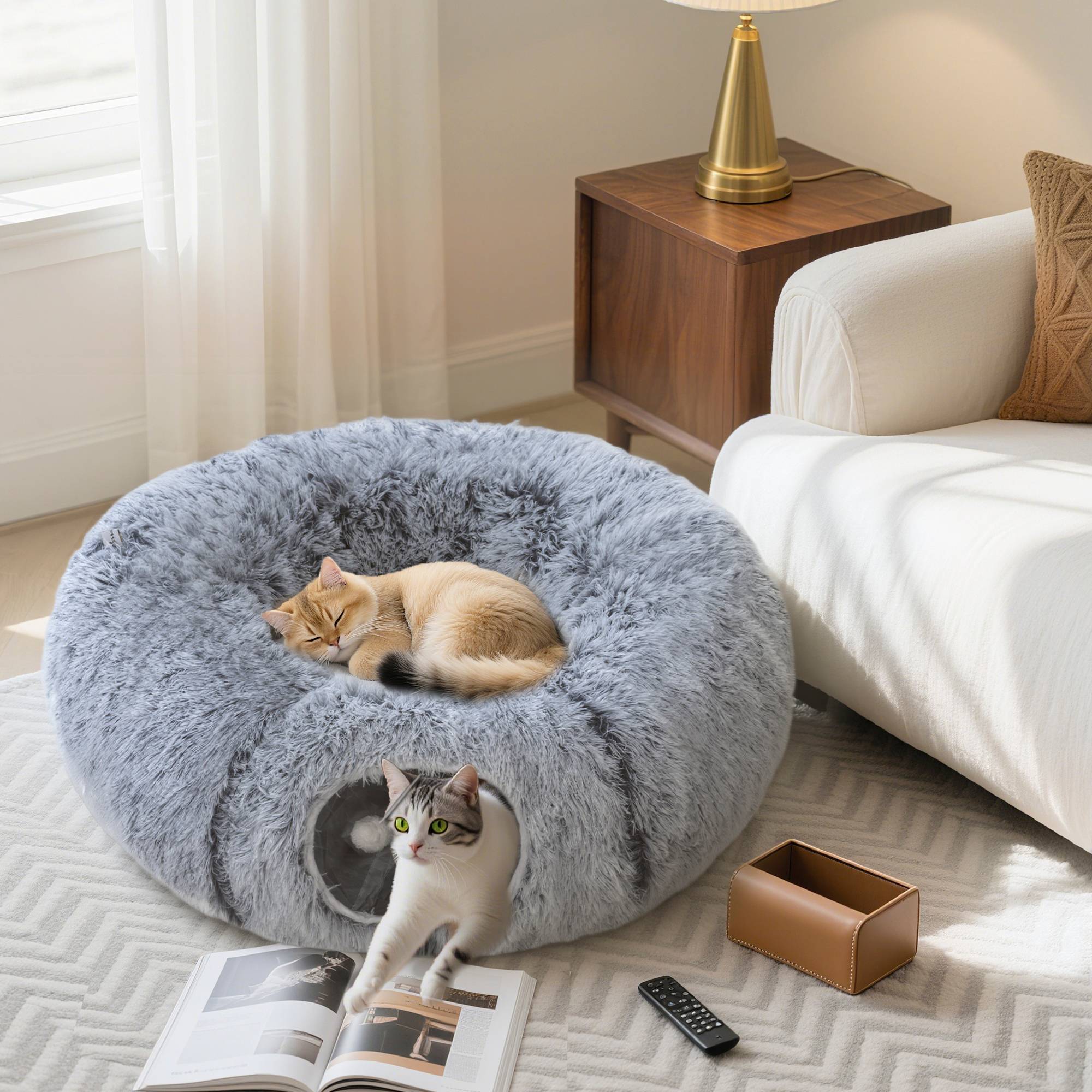 Tunnel pour Chat Intérieur avec Lit de Chat en Forme de Donut, Coussin Circulaire Lavable, 90x80x27cm, Gris Clair - Image 3