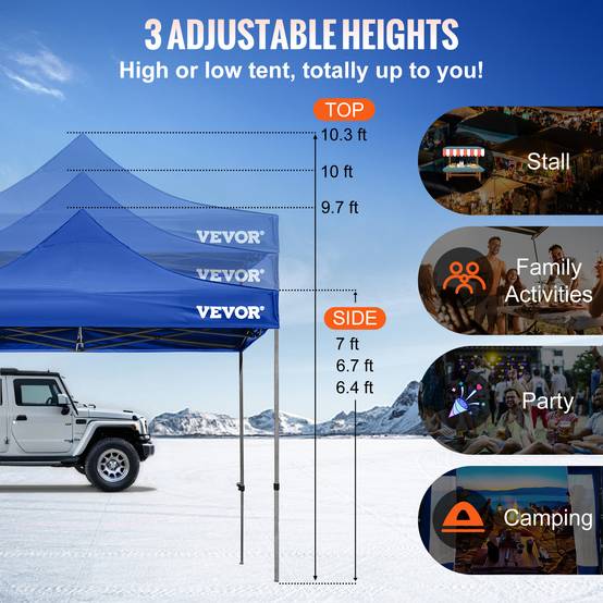VEVOR Tonnelle 3x3m imperméable pop-up parois latérales, abri pliable résist.UV, sac roulettes, bleu, jardin. - Image 4