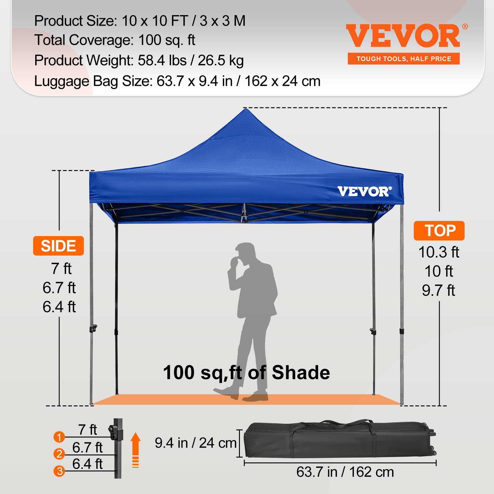 VEVOR Tonnelle 3x3m imperméable pop-up parois latérales, abri pliable résist.UV, sac roulettes, bleu, jardin. - Image 7