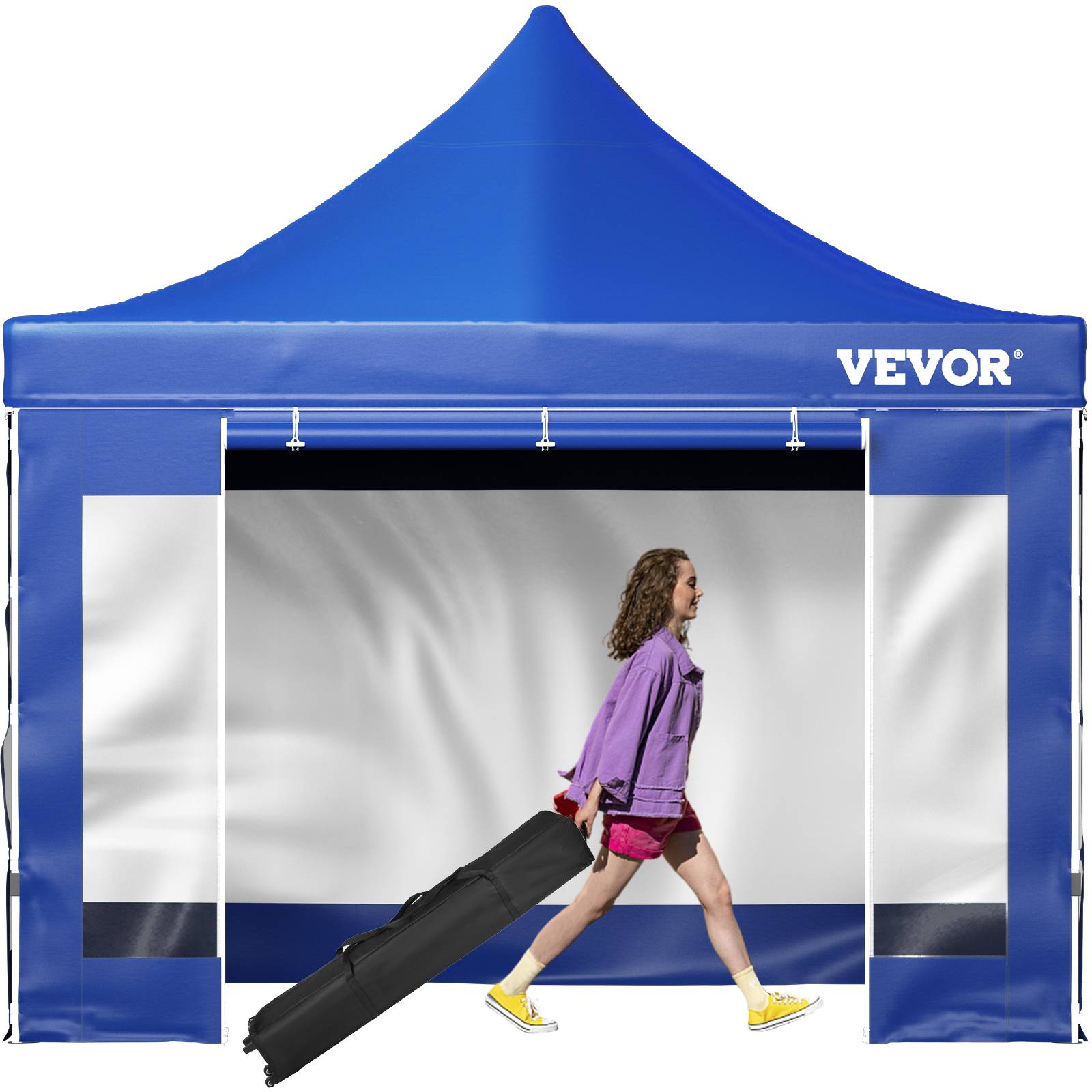 VEVOR Tonnelle 3x3m imperméable pop-up parois latérales, abri pliable résist.UV, sac roulettes, bleu, jardin.