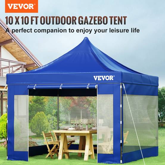 VEVOR Tonnelle 3x3m imperméable pop-up parois latérales, abri pliable résist.UV, sac roulettes, bleu, jardin. - Image 2