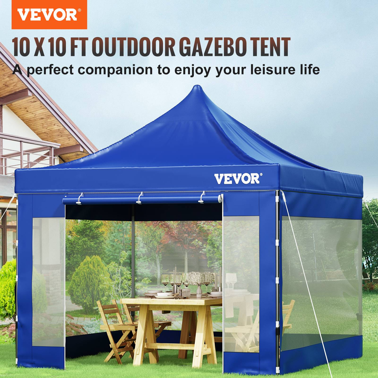 VEVOR Tonnelle 3x3m imperméable pop-up parois latérales, abri pliable résist.UV, sac roulettes, bleu, jardin. - Image 2