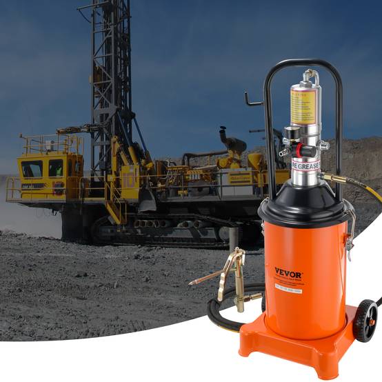 VEVOR Pompe graisse pneumatique 50:1, seau 12 L, tuyau 4 m, buse 360°. Roues. - Image 8