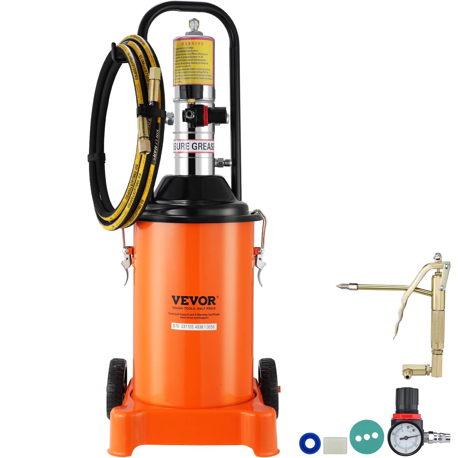 VEVOR Pompe graisse pneumatique 50:1, seau 12 L, tuyau 4 m, buse 360°. Roues.