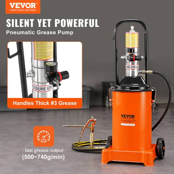 VEVOR Pompe graisse pneumatique 50:1, seau 12 L, tuyau 4 m, buse 360°. Roues. - Image 2