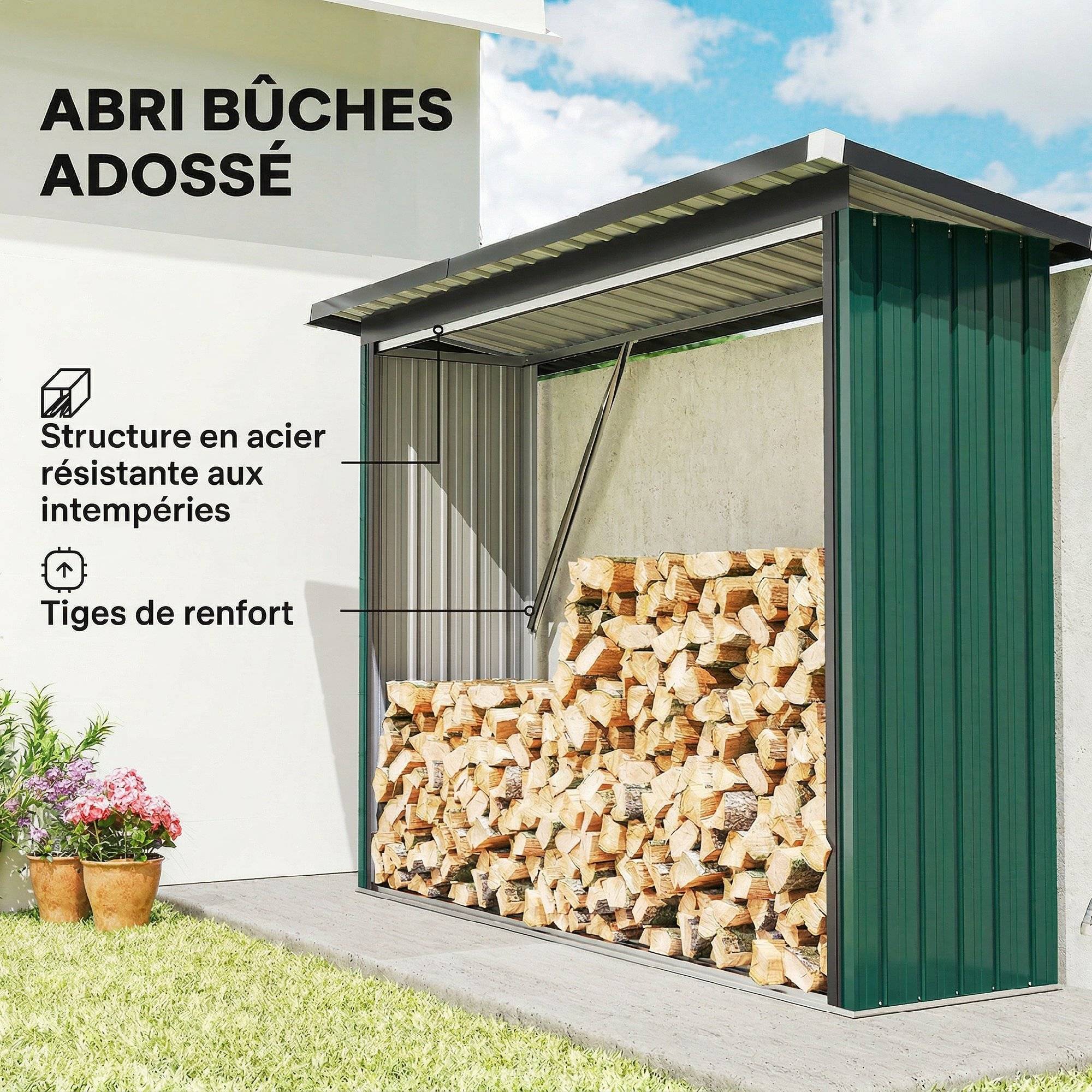 Abri-bûches acier galvanisé vert 213 x 66.5 x 150 cm - PANGIVO - Image 6
