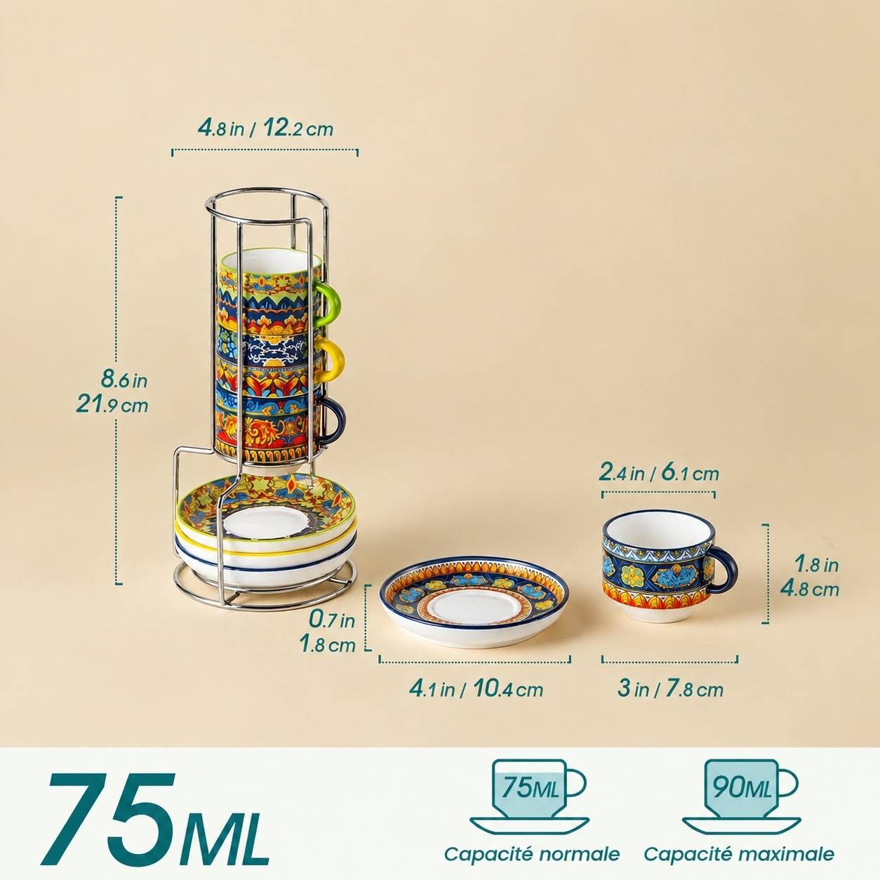 Set de 4 Tasses à Espresso en Céramique avec Sous-tasses et Support Métallique Empilable - Image 2