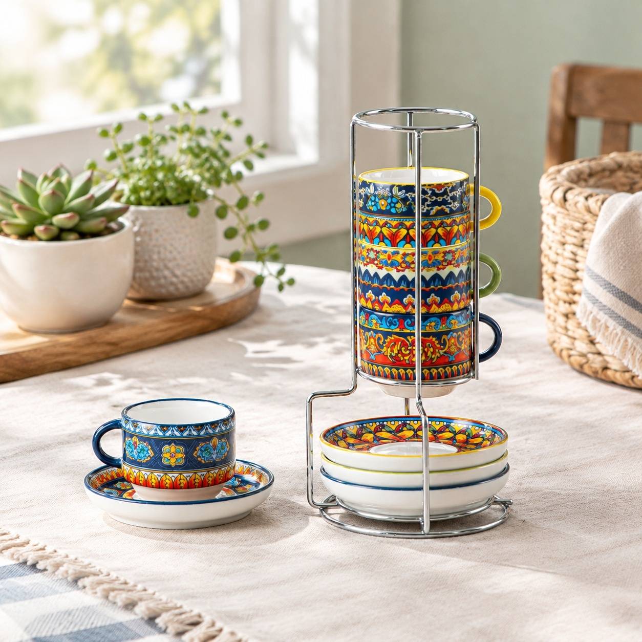 Set de 4 Tasses à Espresso en Céramique avec Sous-tasses et Support Métallique Empilable - Image 8