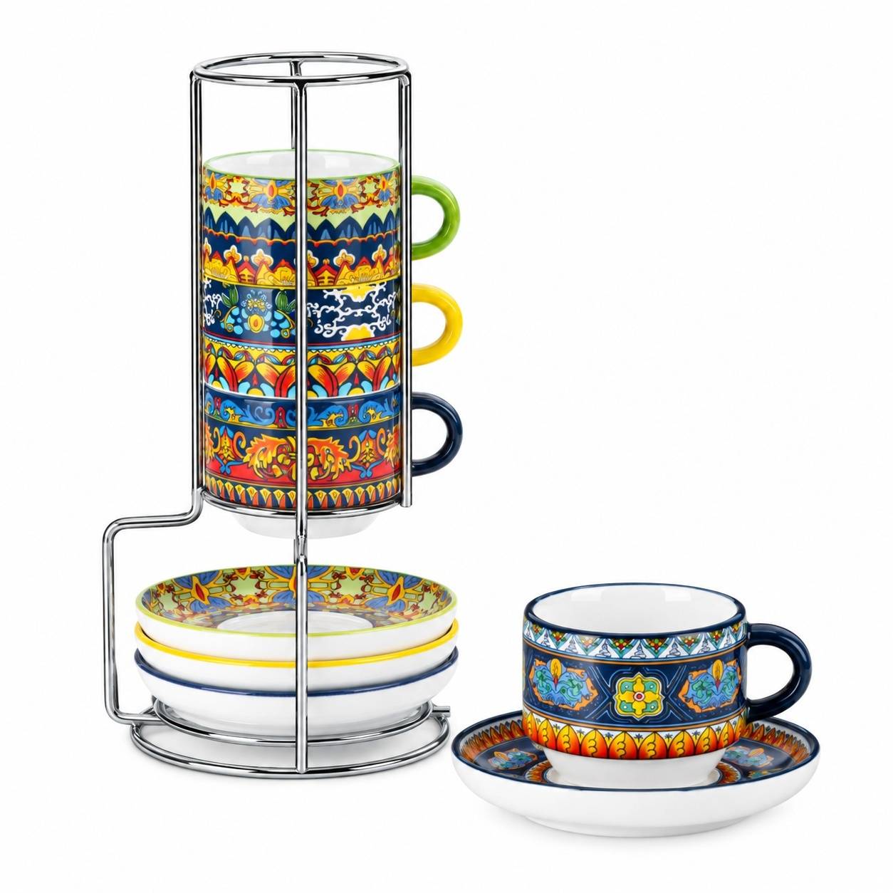 Set de 4 Tasses à Espresso en Céramique avec Sous-tasses et Support Métallique Empilable - Image 1