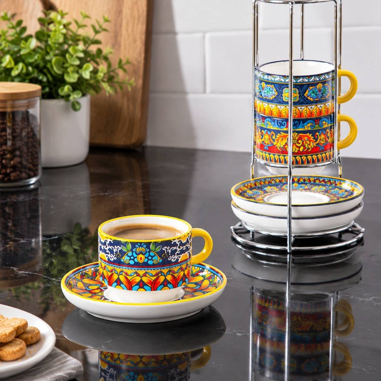 Set de 4 Tasses à Espresso en Céramique avec Sous-tasses et Support Métallique Empilable - Image 5
