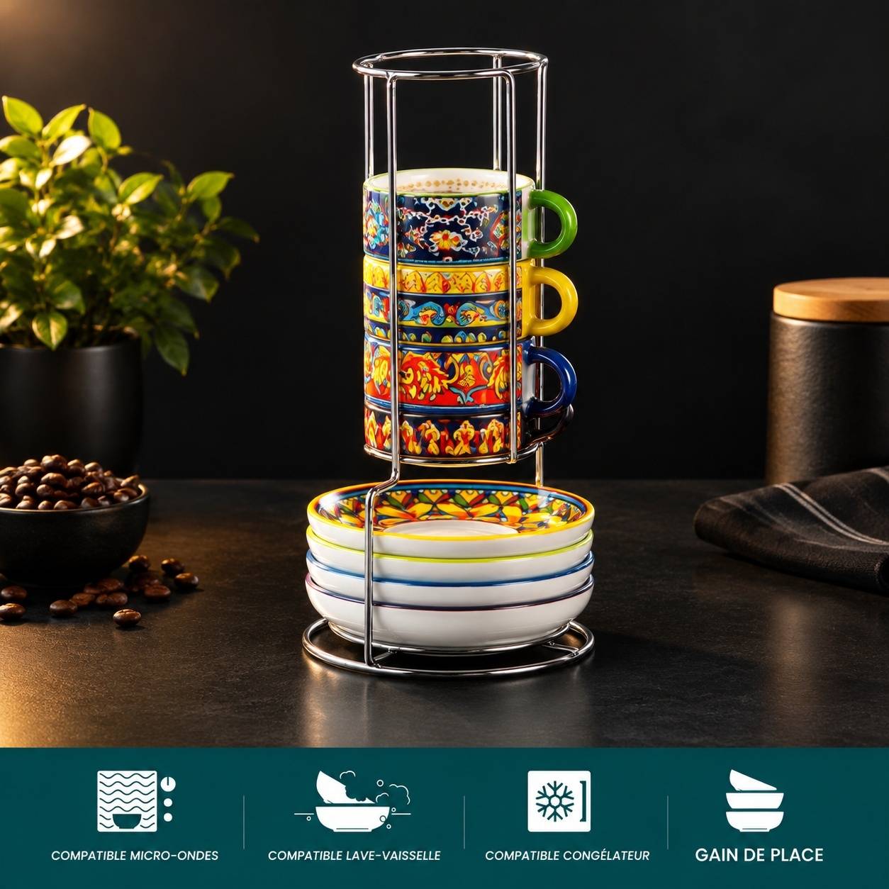 Set de 4 Tasses à Espresso en Céramique avec Sous-tasses et Support Métallique Empilable - Image 4
