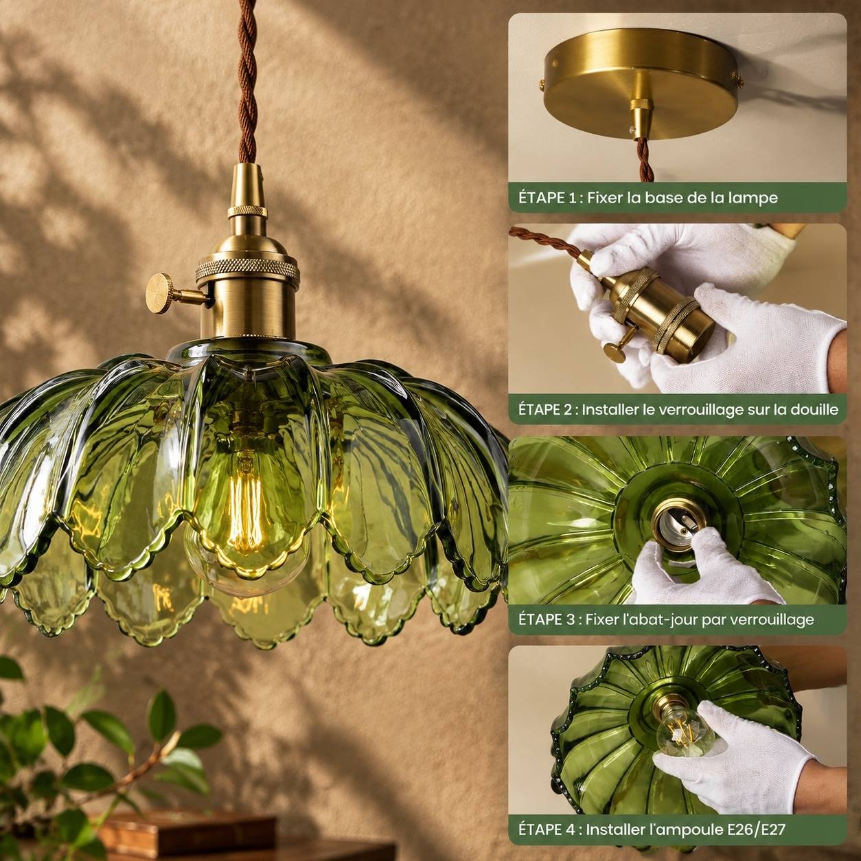 Lustre Vintage Art Déco Suspension Verre Vert E27 - Image 8