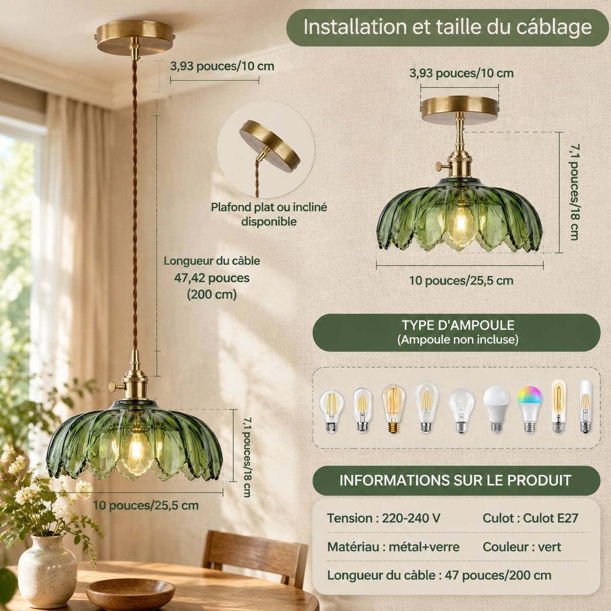 Lustre Vintage Art Déco Suspension Verre Vert E27 - Image 4