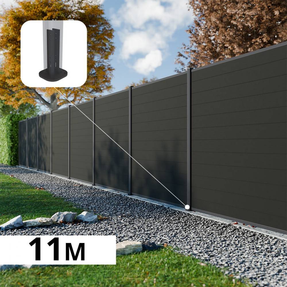 Decklinea - Kit Clôture Composite RIO Anthracite 11x1,8m - Bois composite & Aluminium - Poteaux sur Platines Gris - Brise vue - Palissade - Image 1