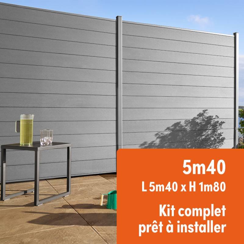 Kit clôture composite et aluminium à sceller H 1m80 L 5m40 gris quartz avec renforts acier - Palissade - Brise vue - Easy Clôture - Image 1