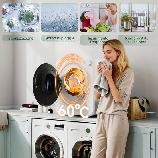 Mini sèche-linge portable 2,5kg, 5 programmes, 800/400W, chargement frontal, empilable/mural/autoportant, blanc - Image 8