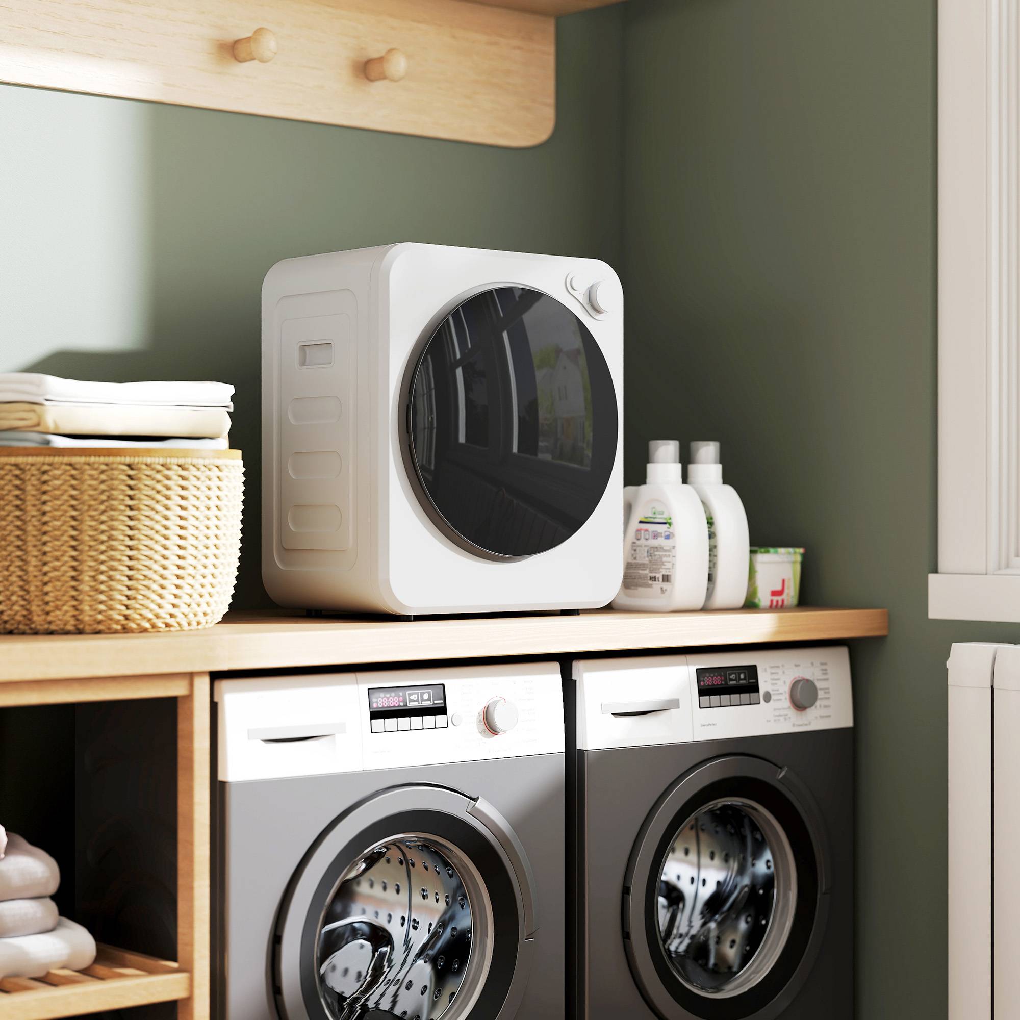 Mini sèche-linge portable 2,5kg, 5 programmes, 800/400W, chargement frontal, empilable/mural/autoportant, blanc - Image 4