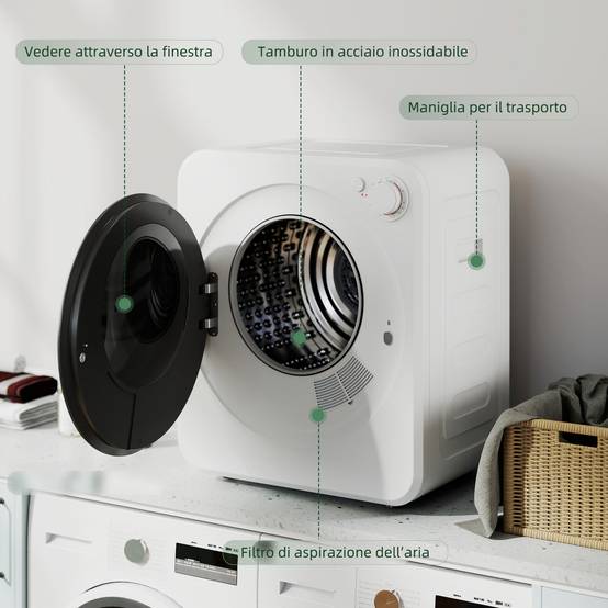 Mini sèche-linge portable 2,5kg, 5 programmes, 800/400W, chargement frontal, empilable/mural/autoportant, blanc - Image 9