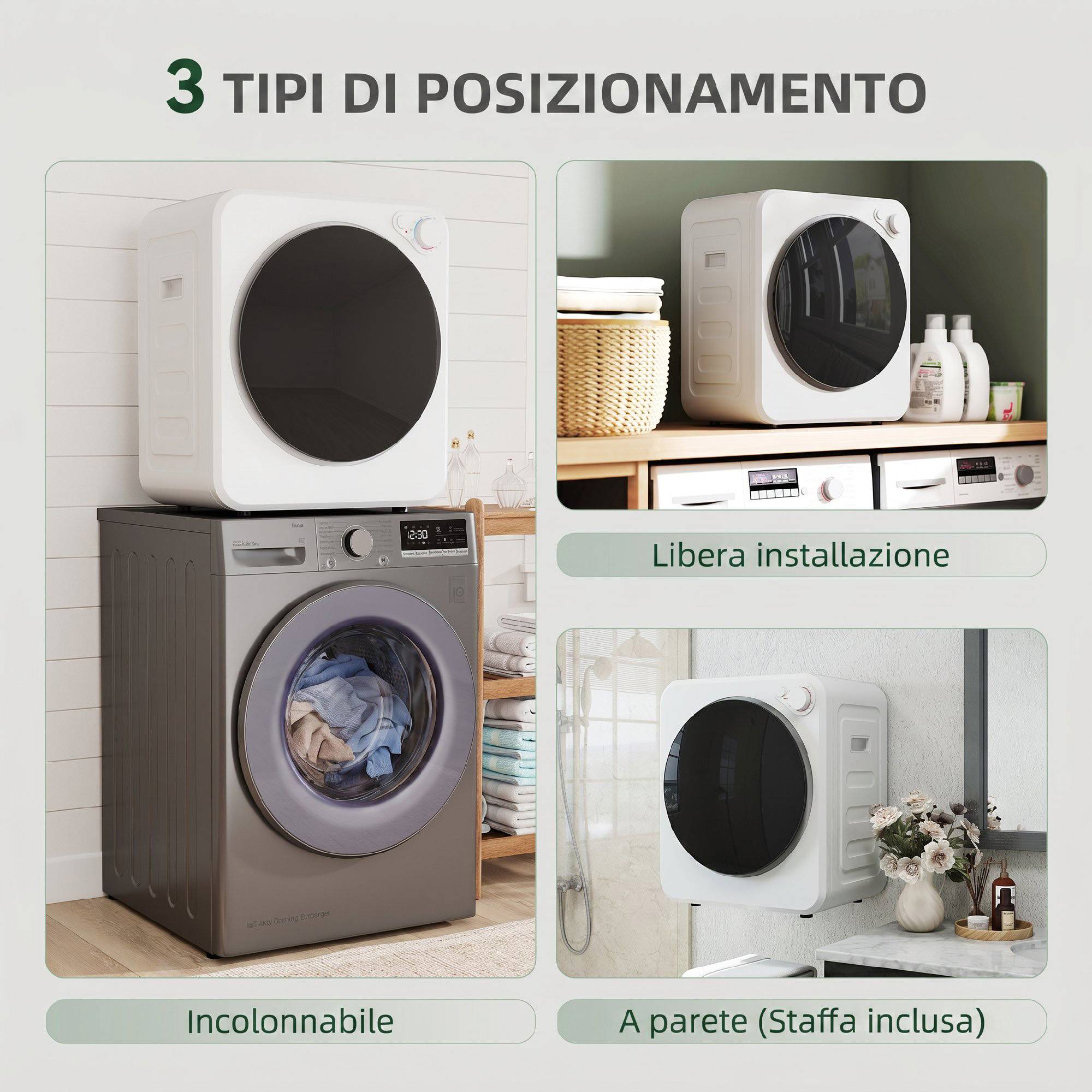 Mini sèche-linge portable 2,5kg, 5 programmes, 800/400W, chargement frontal, empilable/mural/autoportant, blanc - Image 7