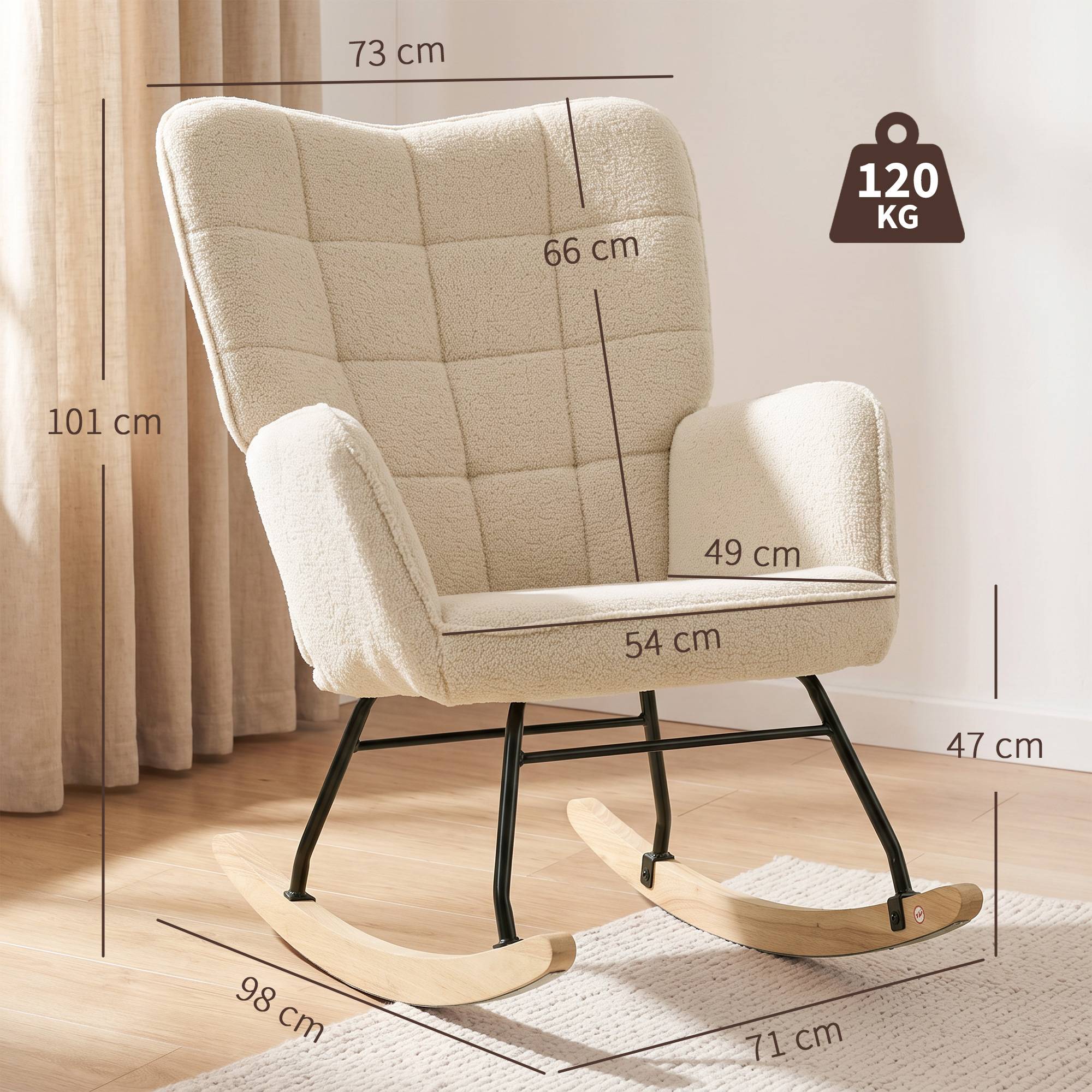 Fauteuil à bascule rocking chair revêtement effet laine bouclée, structure en acier 71 x 98 x 101 cm beige - Image 5