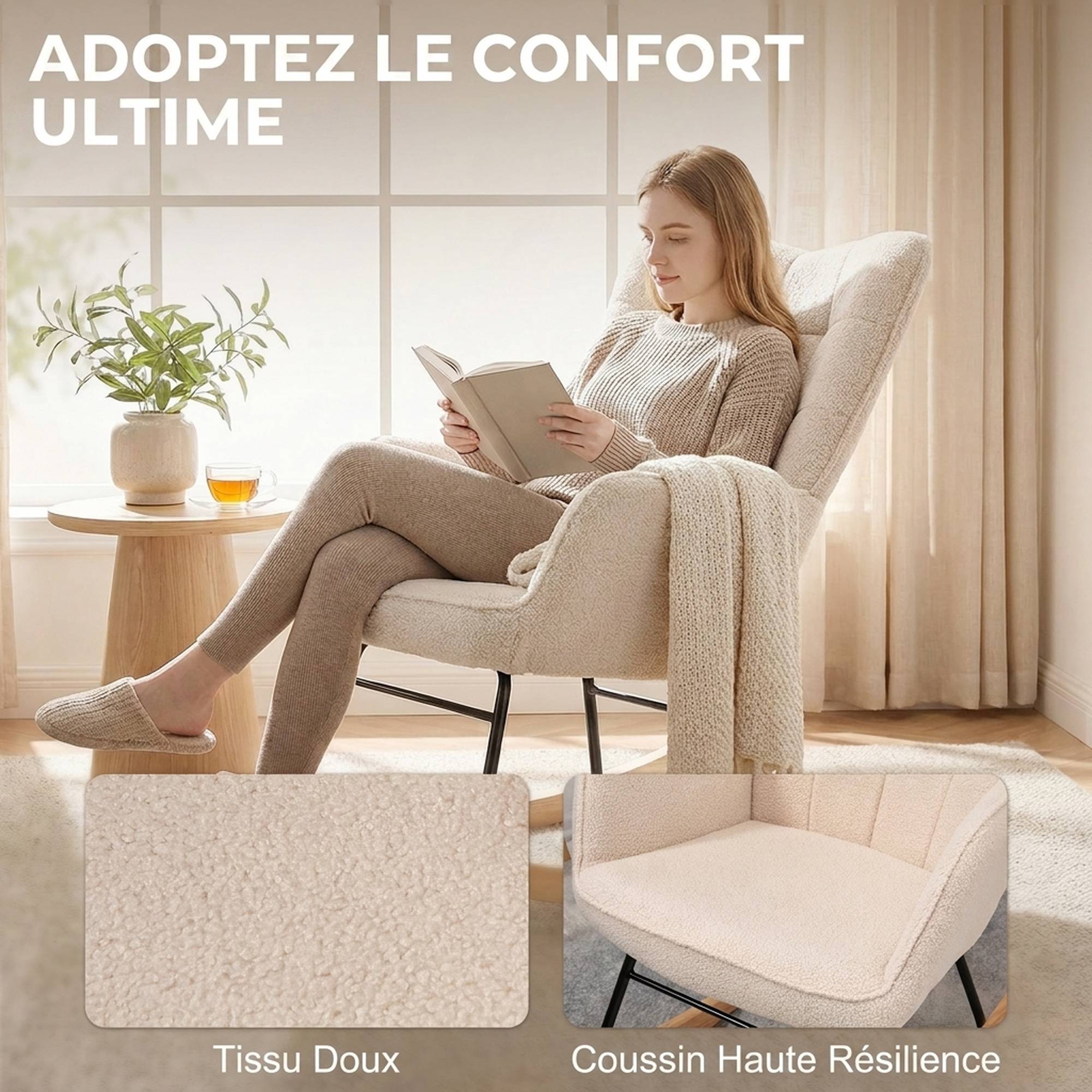 Fauteuil à bascule rocking chair revêtement effet laine bouclée, structure en acier 71 x 98 x 101 cm beige - Image 8