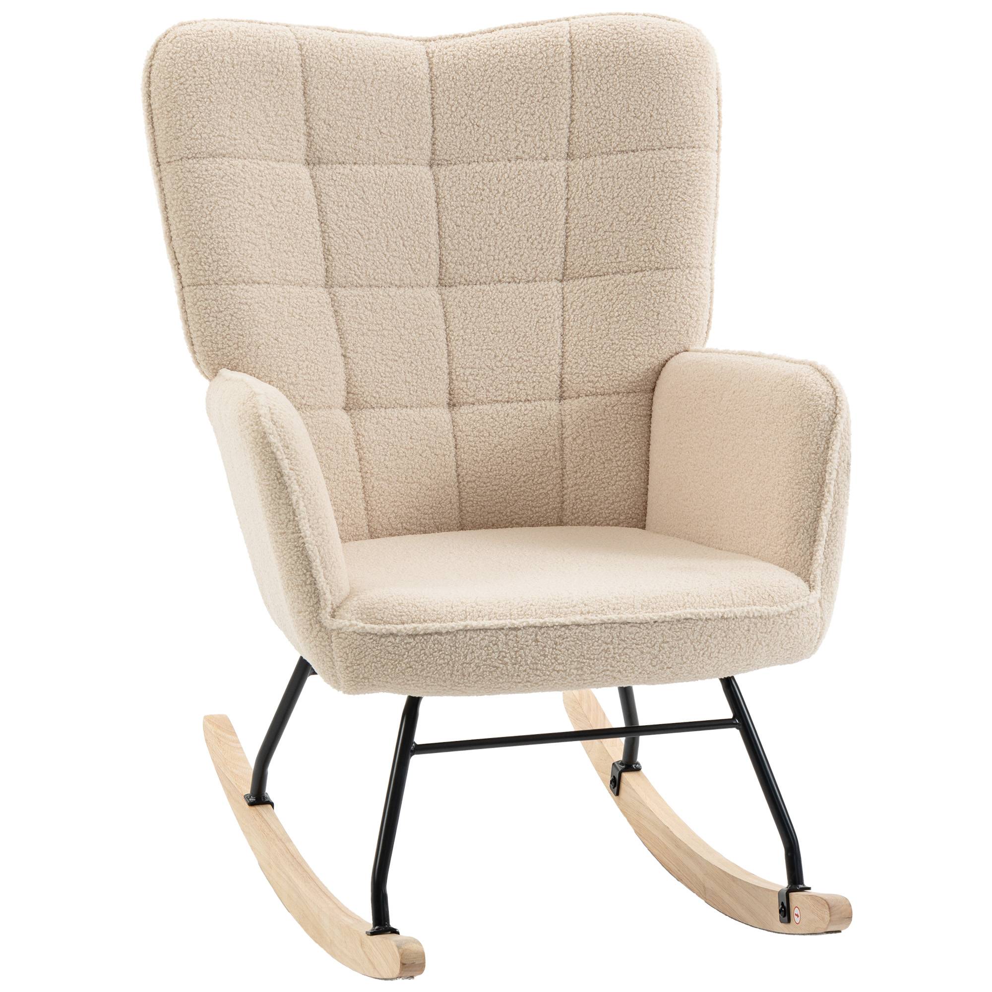 Fauteuil à bascule rocking chair revêtement effet laine bouclée, structure en acier 71 x 98 x 101 cm beige - Image 2