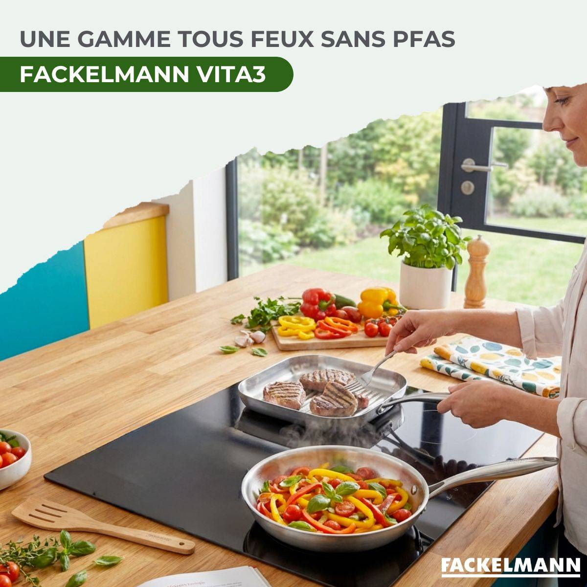 Poêle à Frire 26 cm et Gril 28 cm inox 18/10 Triply et couvercle Fackelmann Vita3 - Image 2