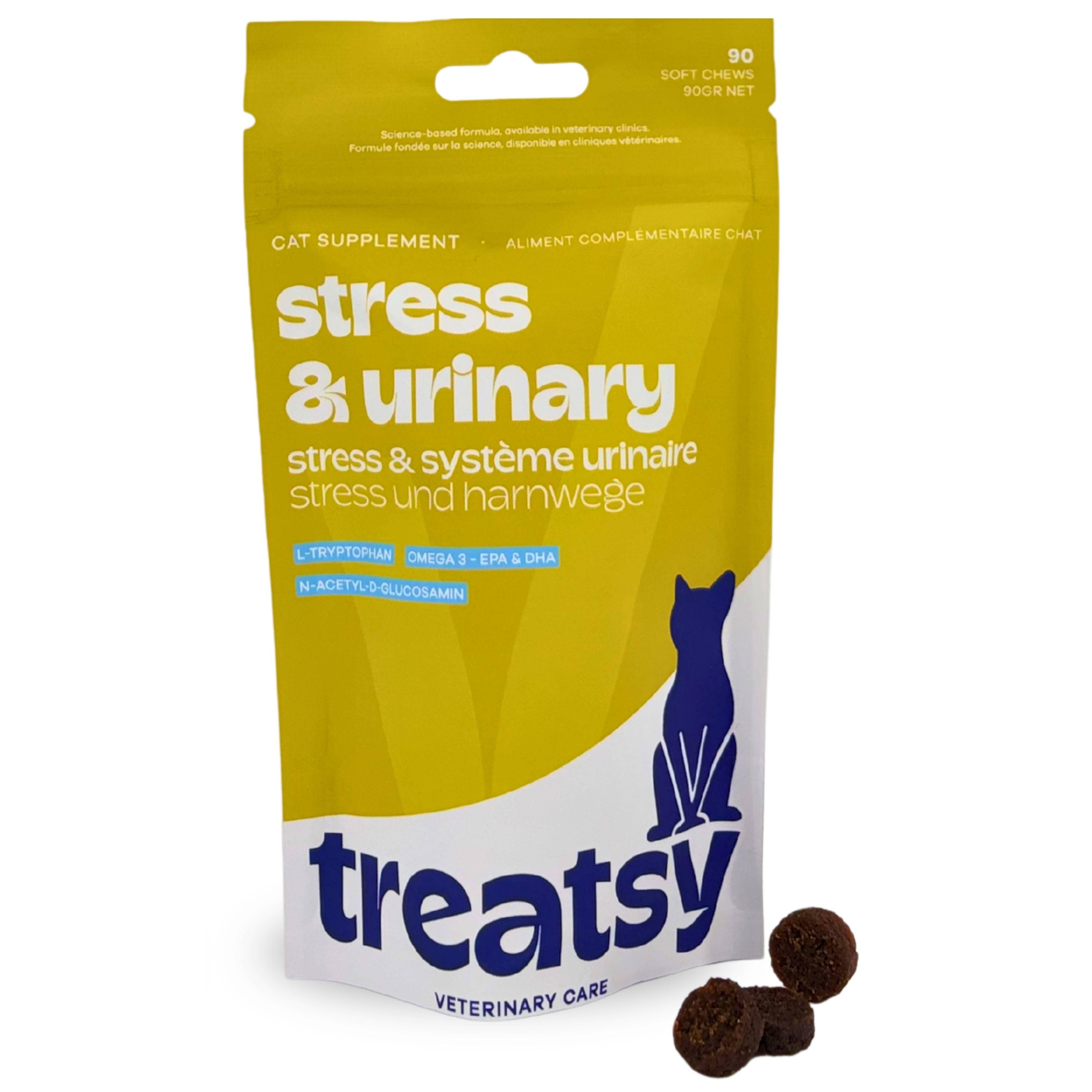 Bouchées Stress & Urinaire Chat – Complément Anti-Stress & Cystite Idiopathique Féline (CIF) – L-Tryptophane, Oméga-3, N-Acetyl-D-Glucosamine-Treatsy