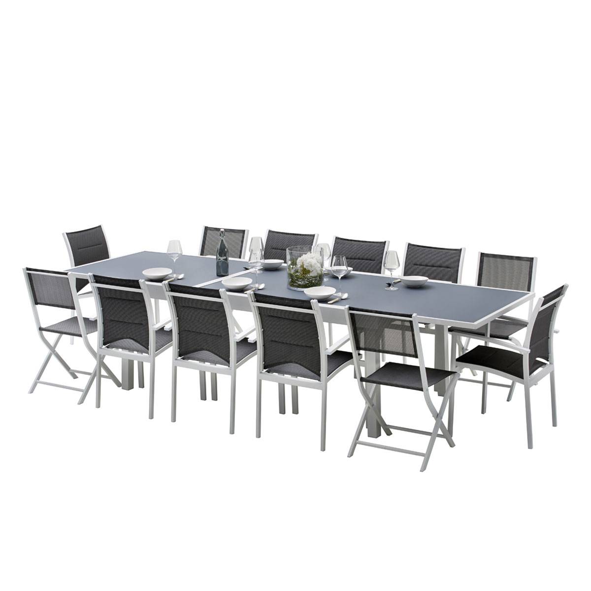 Wilsa Garden - Ensemble MODULO 6/10p en aluminium blanc et verre trempé gris perle avec 10 fauteuils en textilène - Imagen 1