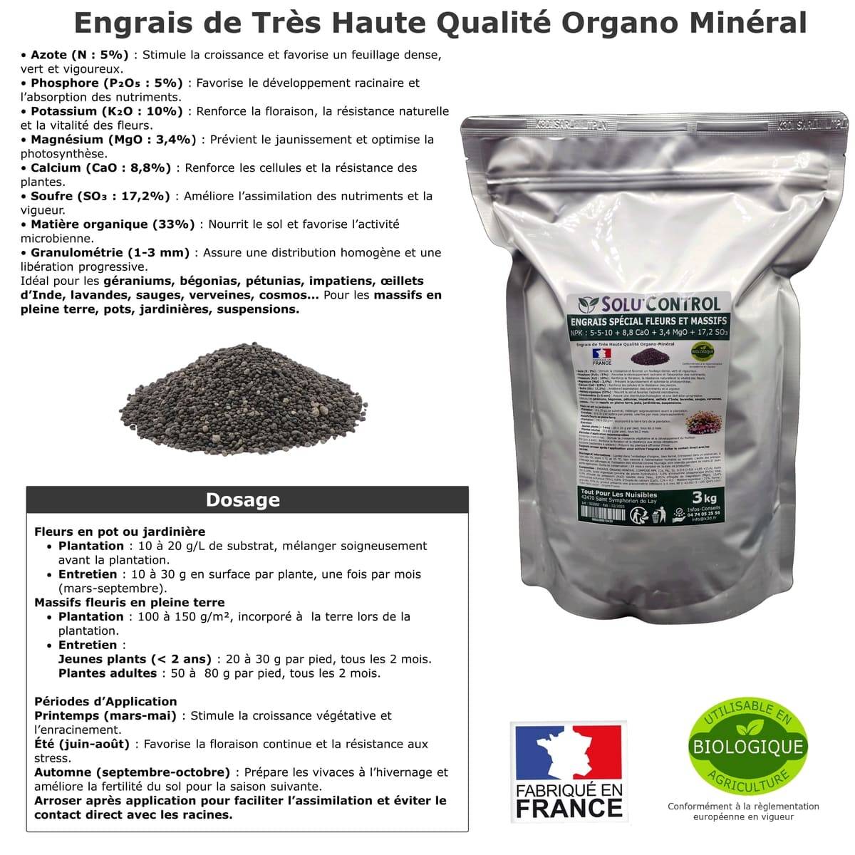 SOLU’CONTROL - 3 kg - Engrais Spécial Fleurs et Massifs NPK 5-5-10 - Favorise une floraison abondante, éclatante et durable - UAB - Image 3