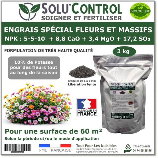 SOLU’CONTROL - 3 kg - Engrais Spécial Fleurs et Massifs NPK 5-5-10 - Favorise une floraison abondante, éclatante et durable - UAB - Image 1