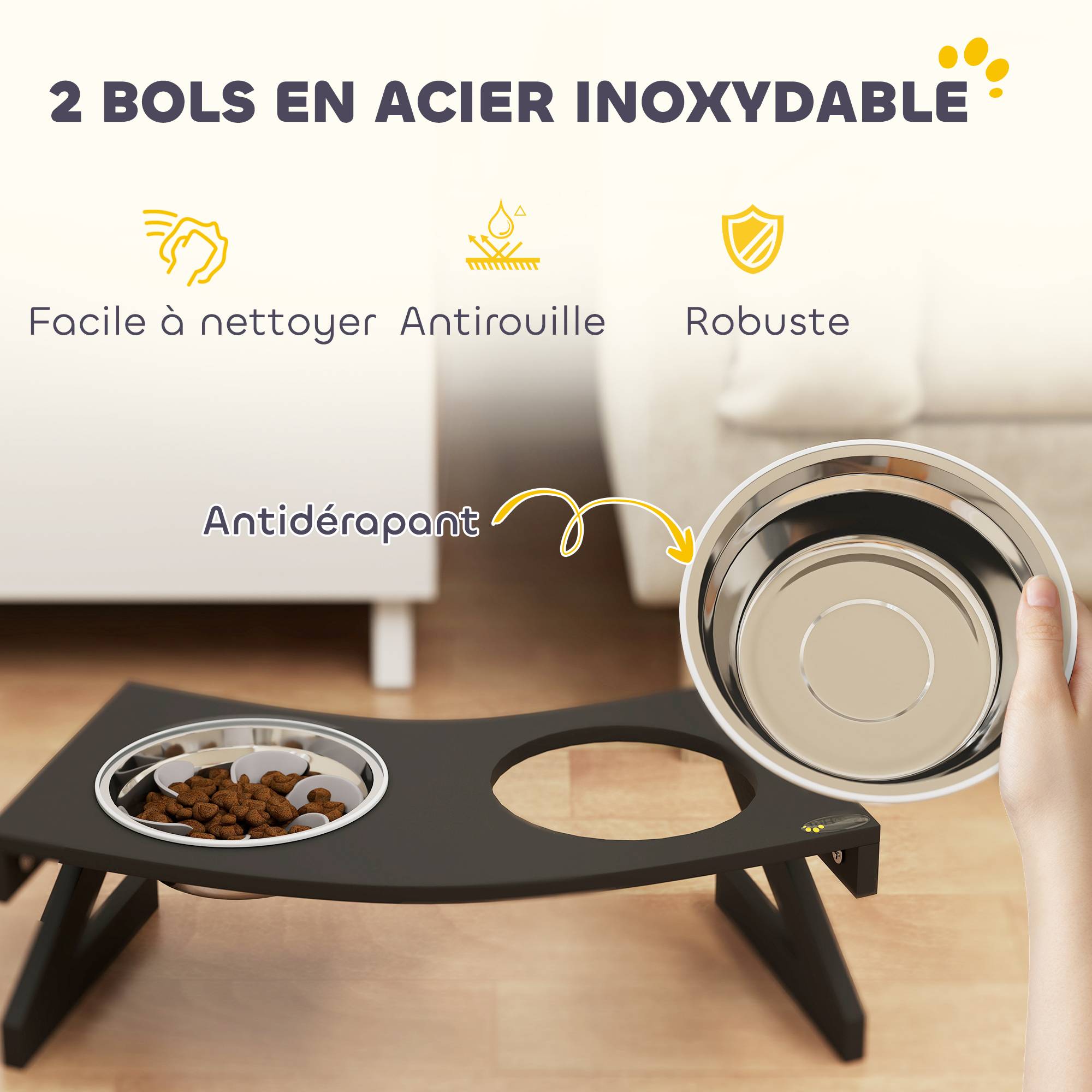 Gamelle chien surélevée avec support gamelle pour chien avec 2 bols en acier inoxydable de 1L 52,5 x 30 x 16,5 cm noir - Image 7