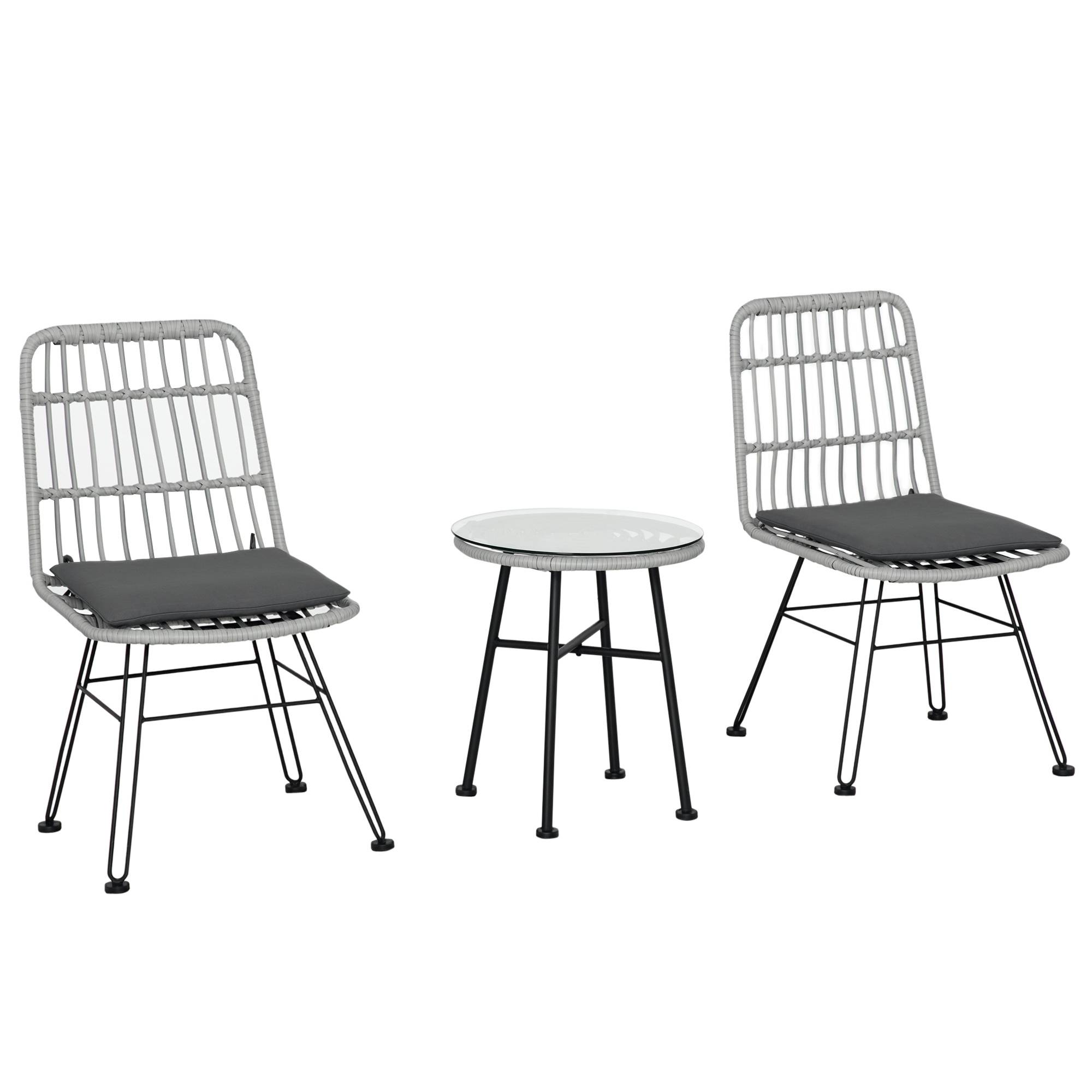 Sans Marque - Ensemble jardin 3 pièces PE rotin acier table basse verre 2 chaises gris - Image 1