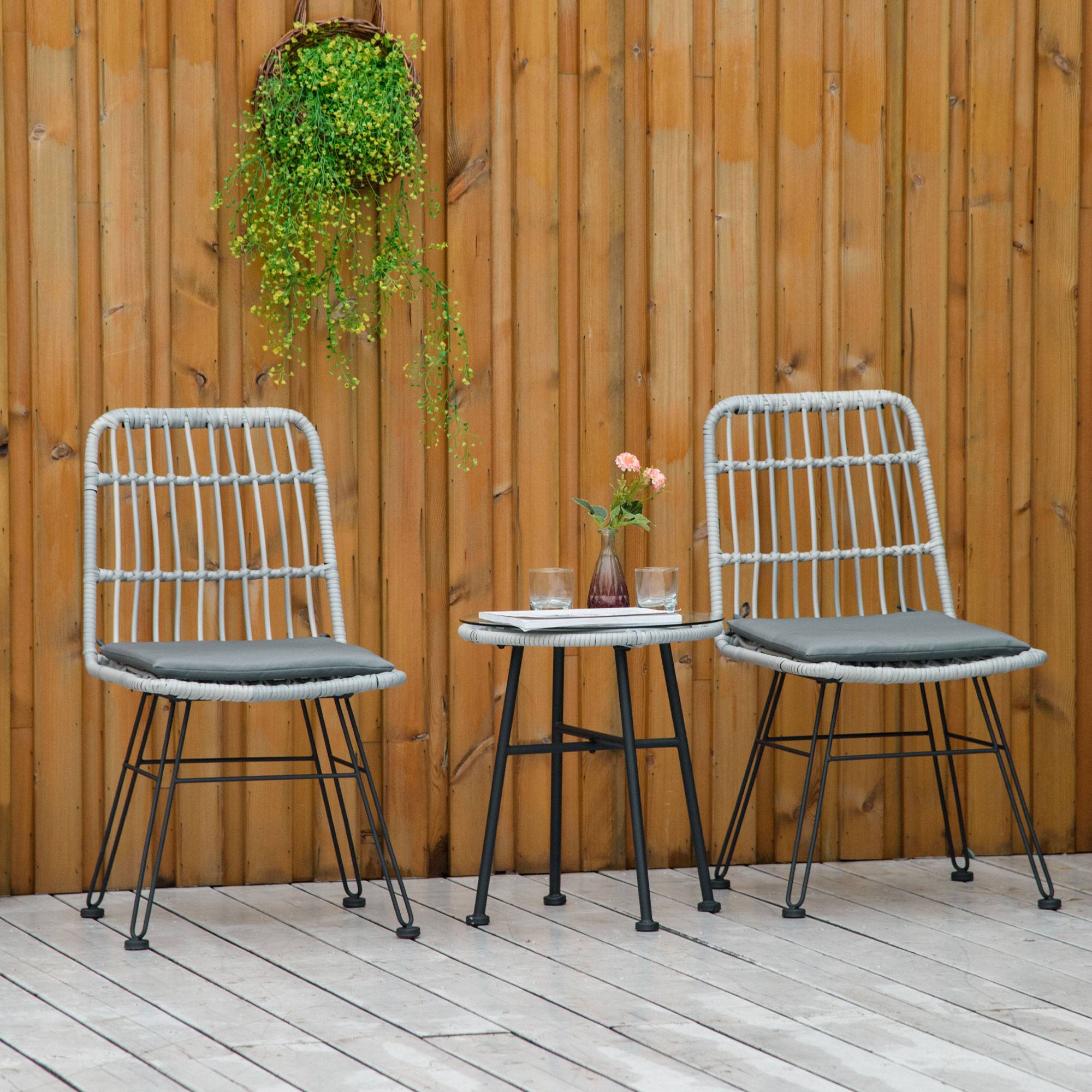 Sans Marque - Ensemble jardin 3 pièces PE rotin acier table basse verre 2 chaises gris - Image 3