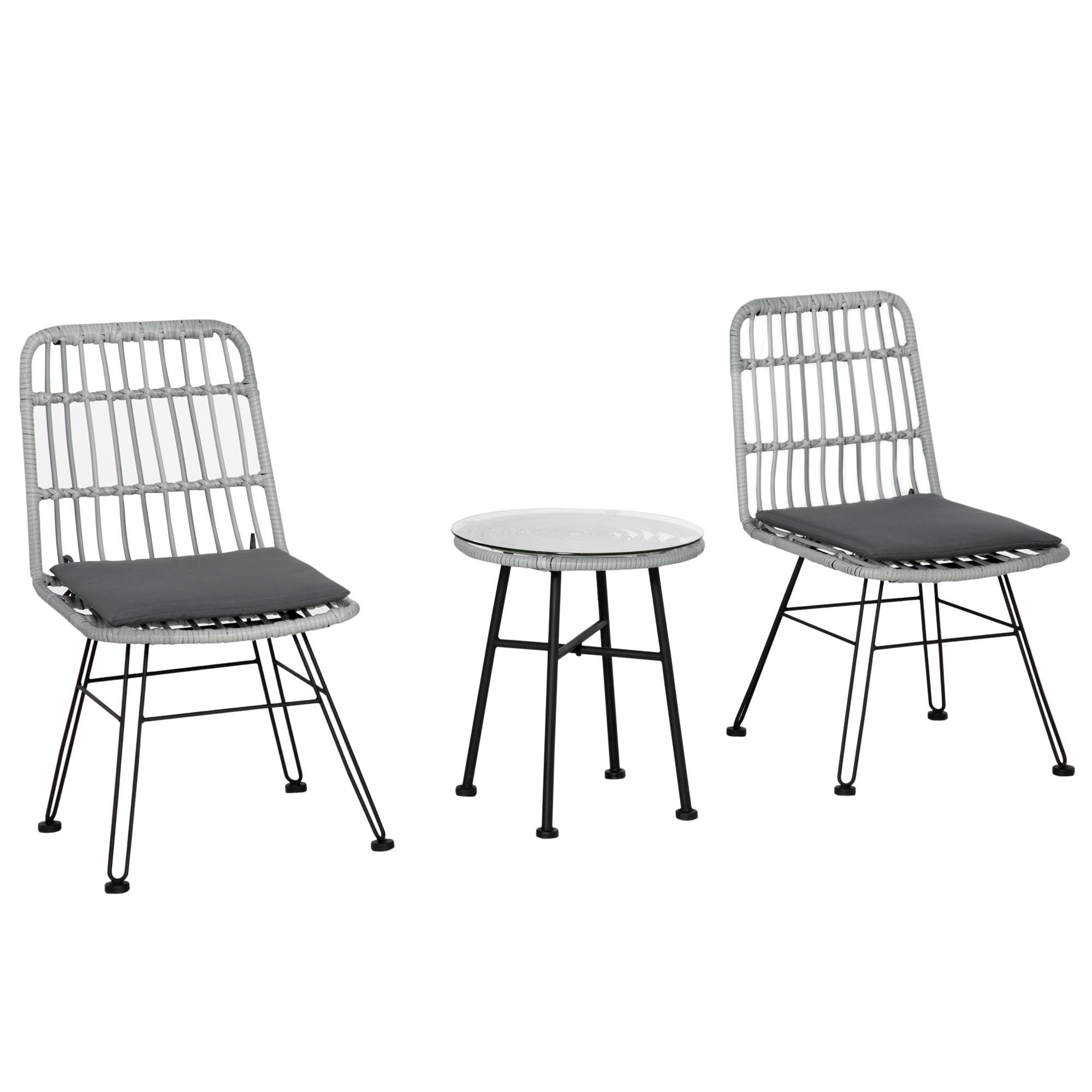 Sans Marque - Ensemble jardin 3 pièces PE rotin acier table basse verre 2 chaises gris - Image 2