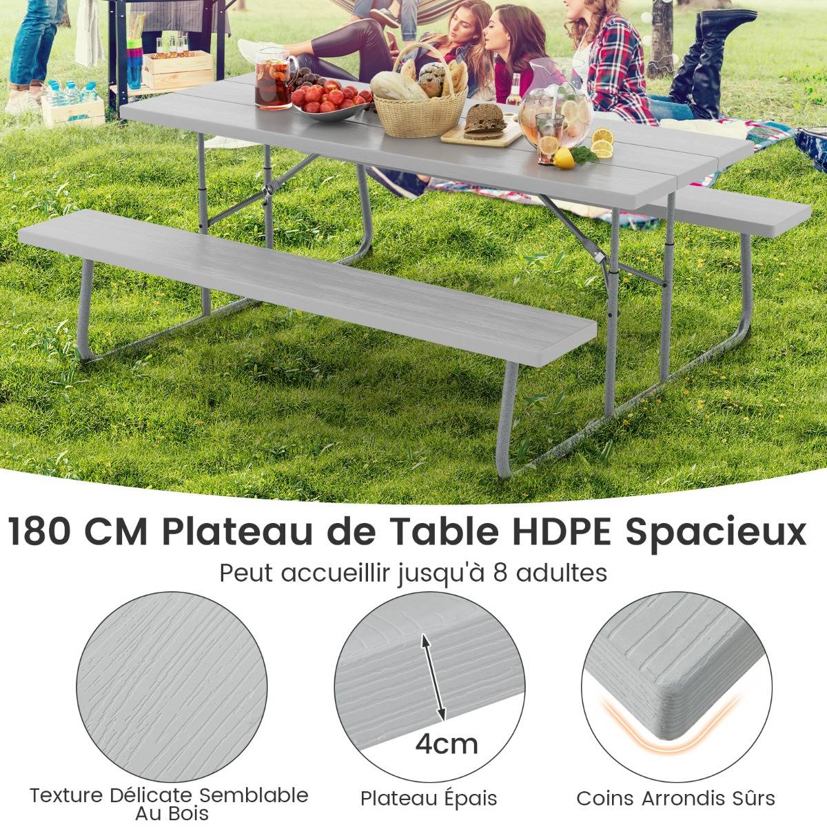 Ensemble Table et Bancs de Pique-Nique Pliable Ensemble de Jardin Cadre Métallique Plateau en HDPE 183x163x74cm Gris MAISON CHIC - Image 6