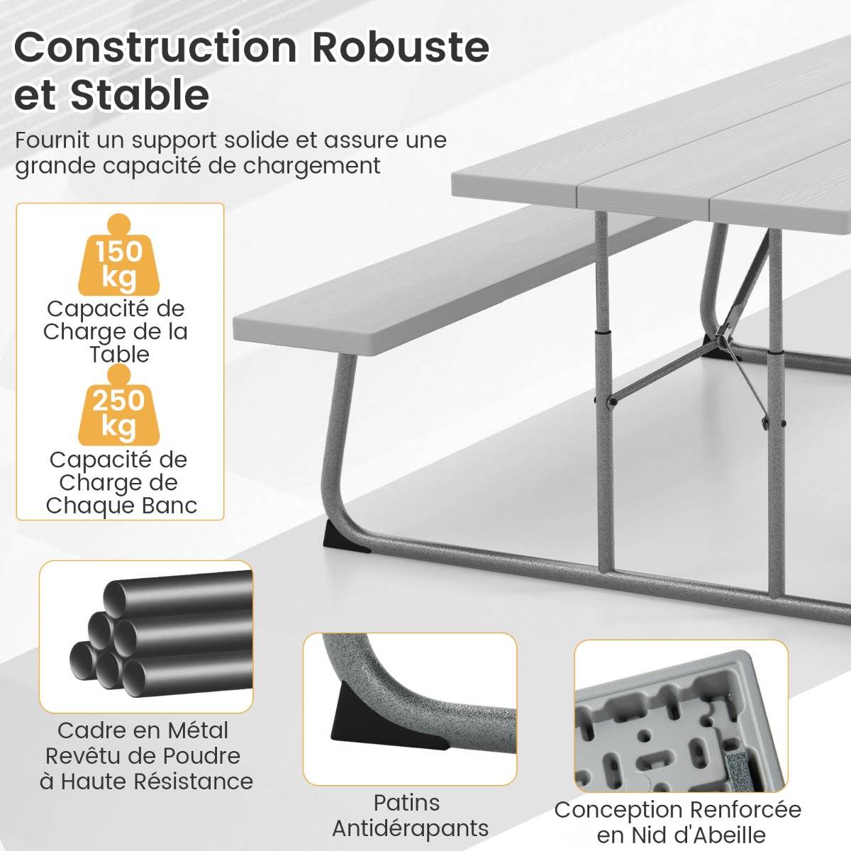 Ensemble Table et Bancs de Pique-Nique Pliable Ensemble de Jardin Cadre Métallique Plateau en HDPE 183x163x74cm Gris MAISON CHIC - Image 5